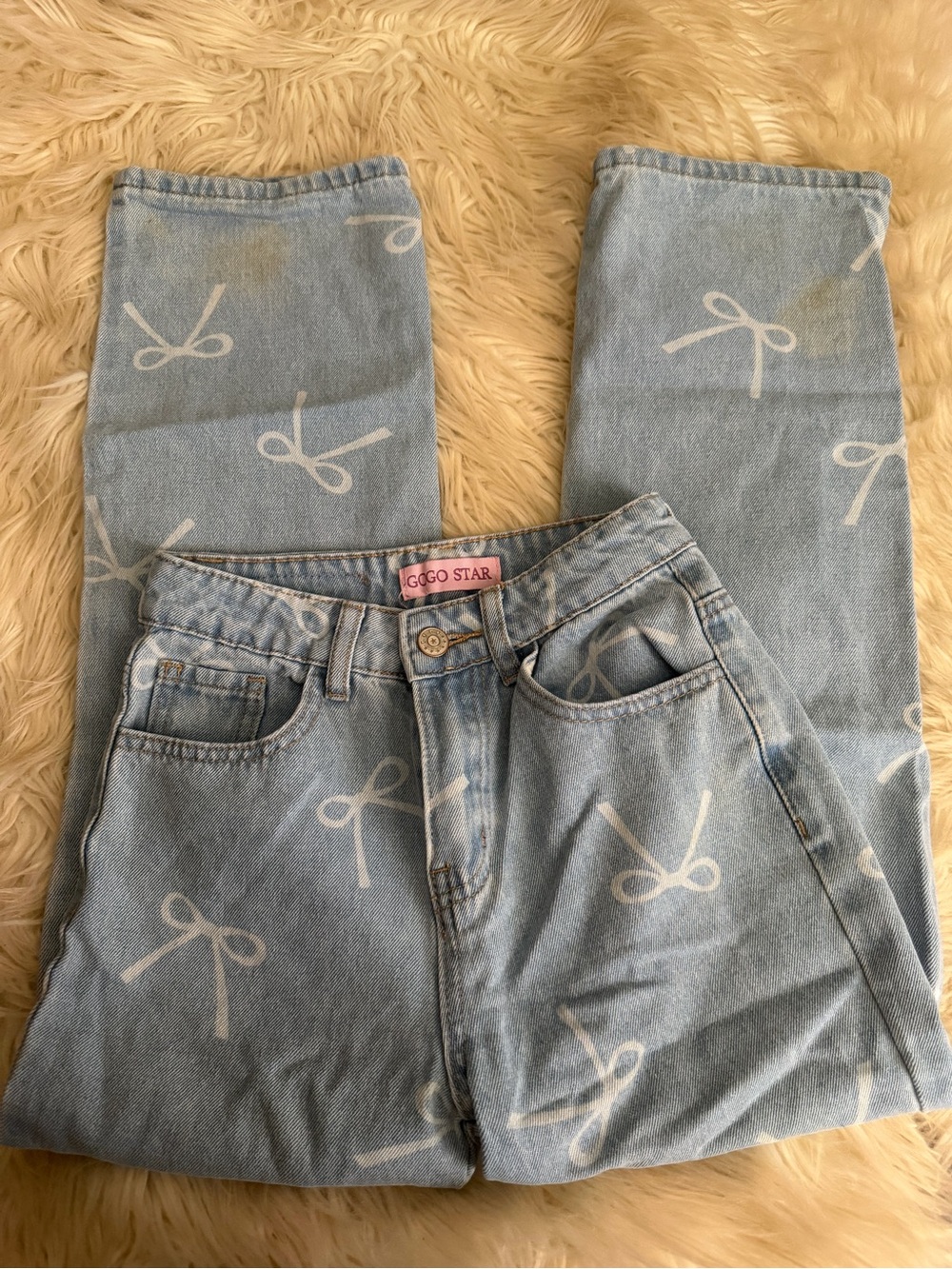 GoGo Star Light Blue Bow-Print Straight Leg Jeans